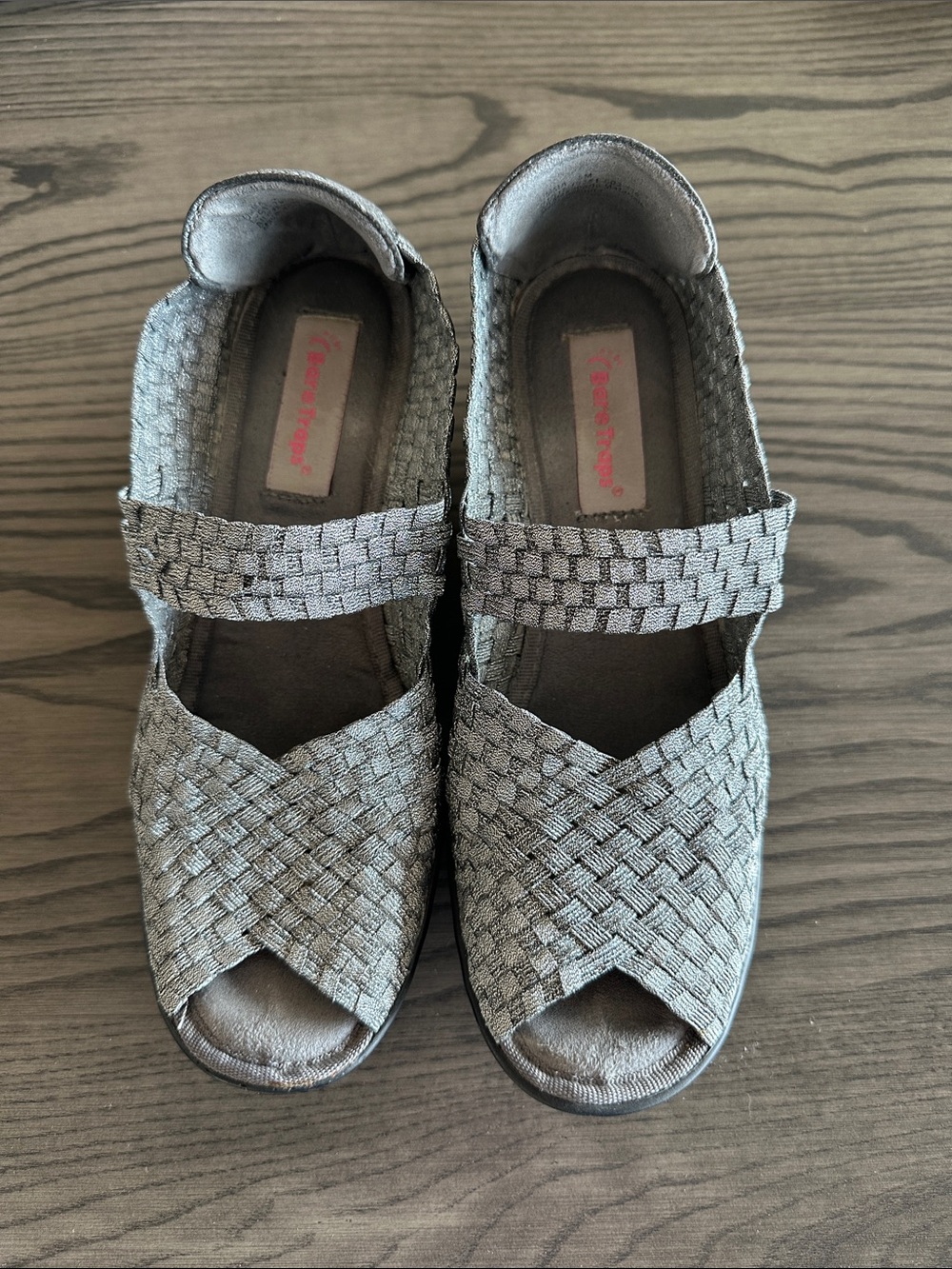 BareTraps Silver Woven Peep-Toe Wedge Mary Jane Sandals